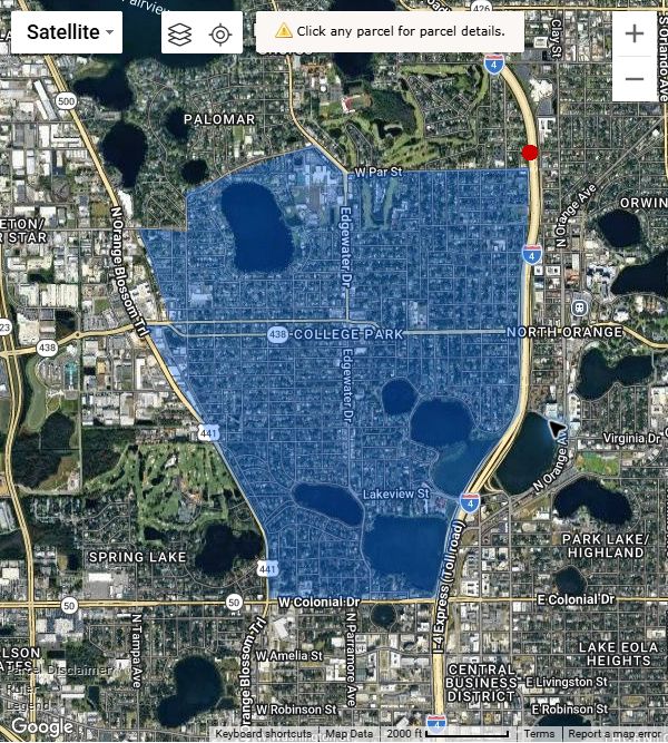 The blue shaded College Park reporting area appears between Orange Blossom Trail and Interstate 4, with West Par Street toward the north and West Colonial Drive toward the south. The saved outline, rather than these reference streets, defines the sample.