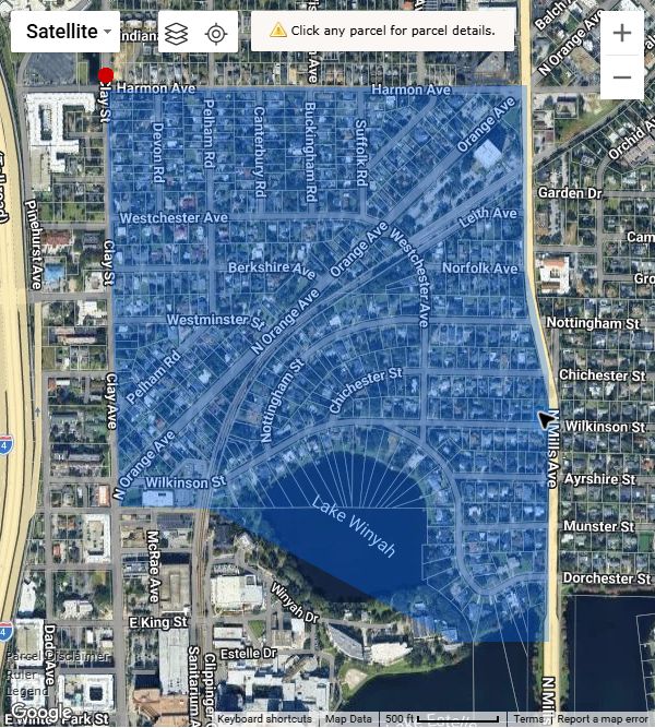 The blue shaded Orwin Manor reporting area extends from Harmon Avenue toward Lake Winyah, between Clay Avenue and North Mills Avenue. The saved outline defines the sample.