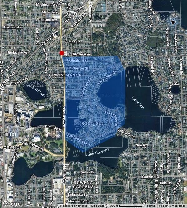 The blue shaded Rose Isle and Beverly Shores reporting area lies east of North Mills Avenue, around the west side of Lake Sue and north of Lake Rowena. The saved outline defines the sample.