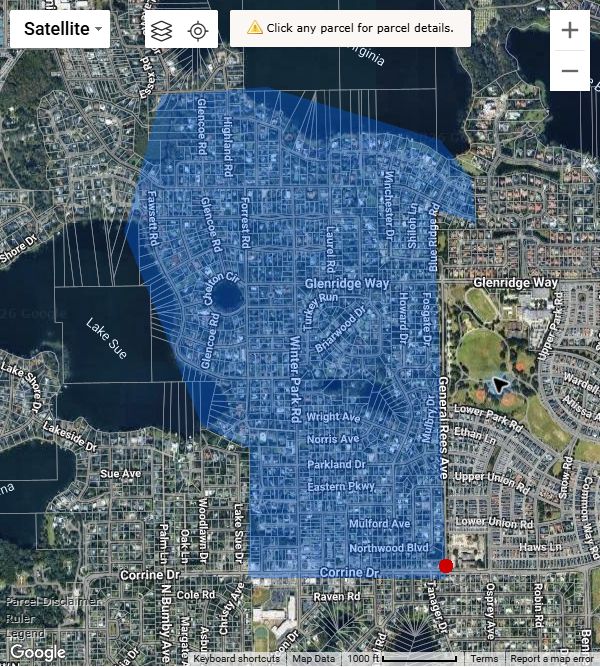 The blue shaded South Winter Park reporting area lies east of Lake Sue, west of General Rees Avenue and north of Corrine Drive, extending toward Lake Virginia. The saved outline defines the sample.