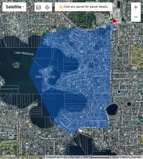 The blue shaded Vias reporting area includes the eastern Lake Maitland shore and Isle of Sicily, between Howell Branch Road and Palmer Avenue, west of Temple Drive. The saved outline defines the sample.