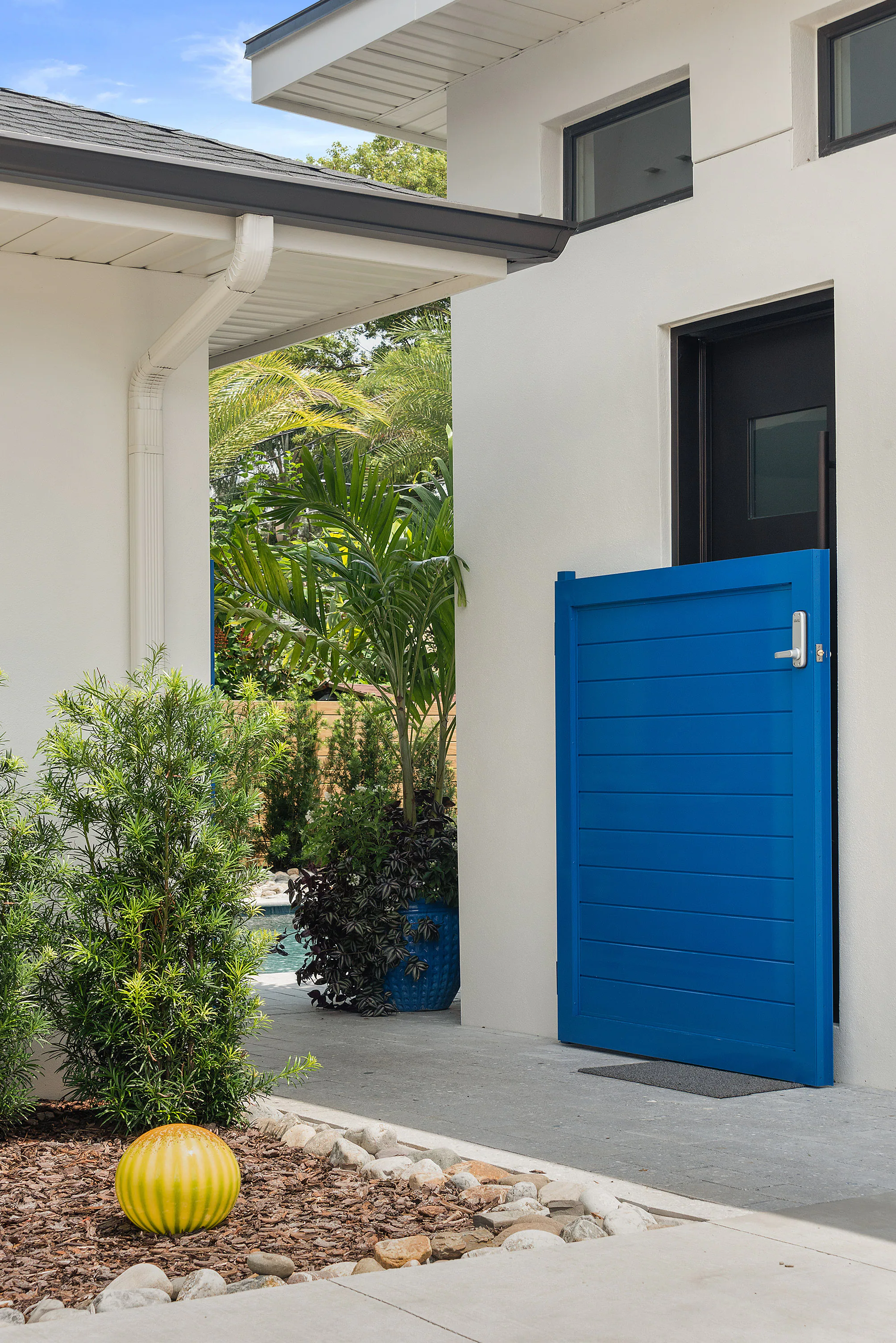 Bright blue side gate between white walls and planting.